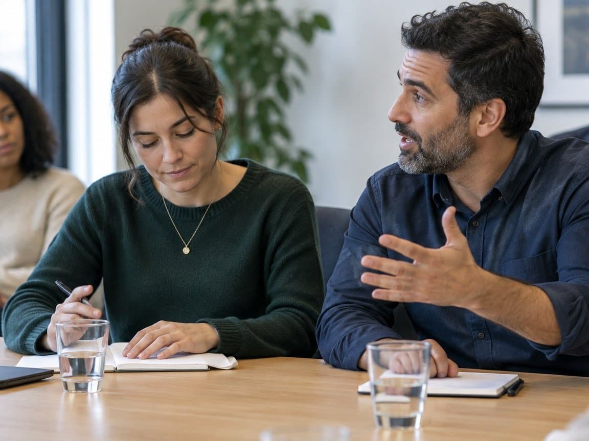 A team meeting around a table: a man makes a point with an open hand while a colleague in a green sweater takes notes and another colleague listens