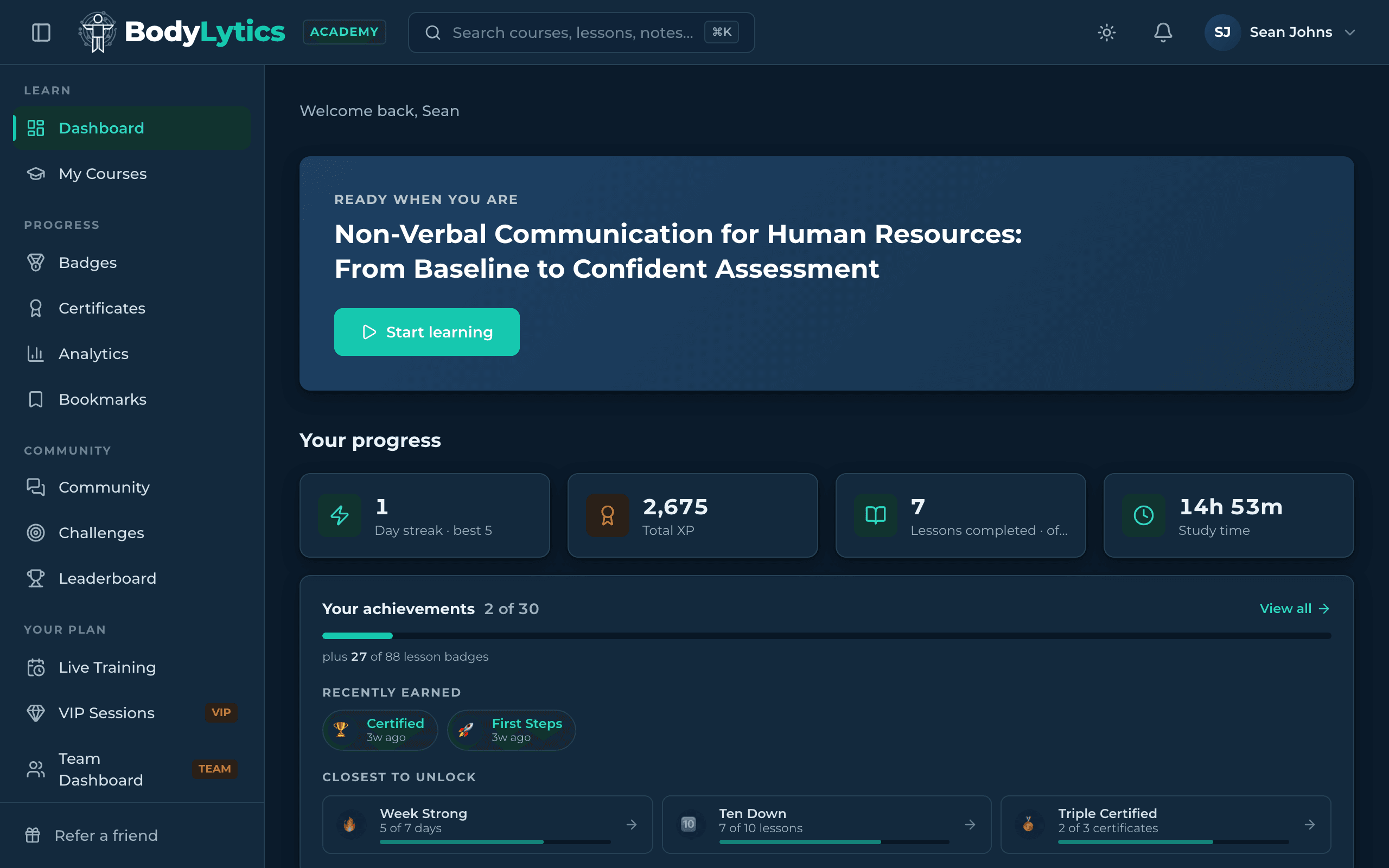 BodyLytics in Dark Mode — all lessons, activities, and dashboards fully support dark theme