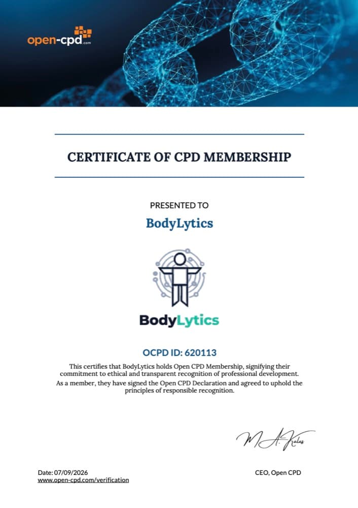 BodyLytics Certificate of CPD Membership, Open CPD Registration ID 620113, issued 7 September 2026