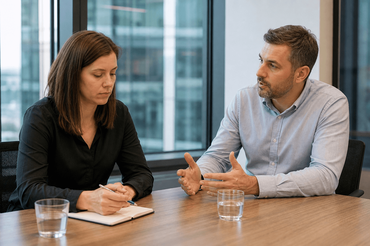 A team lead and colleague seated across a meeting table