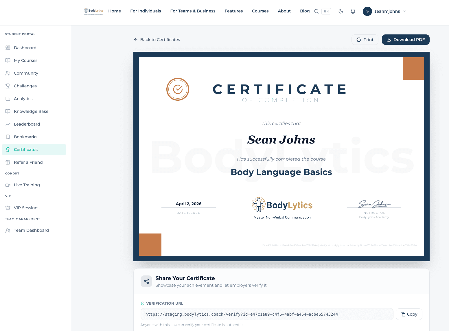 Course completion certificate — personalised with your name, course title, and completion date