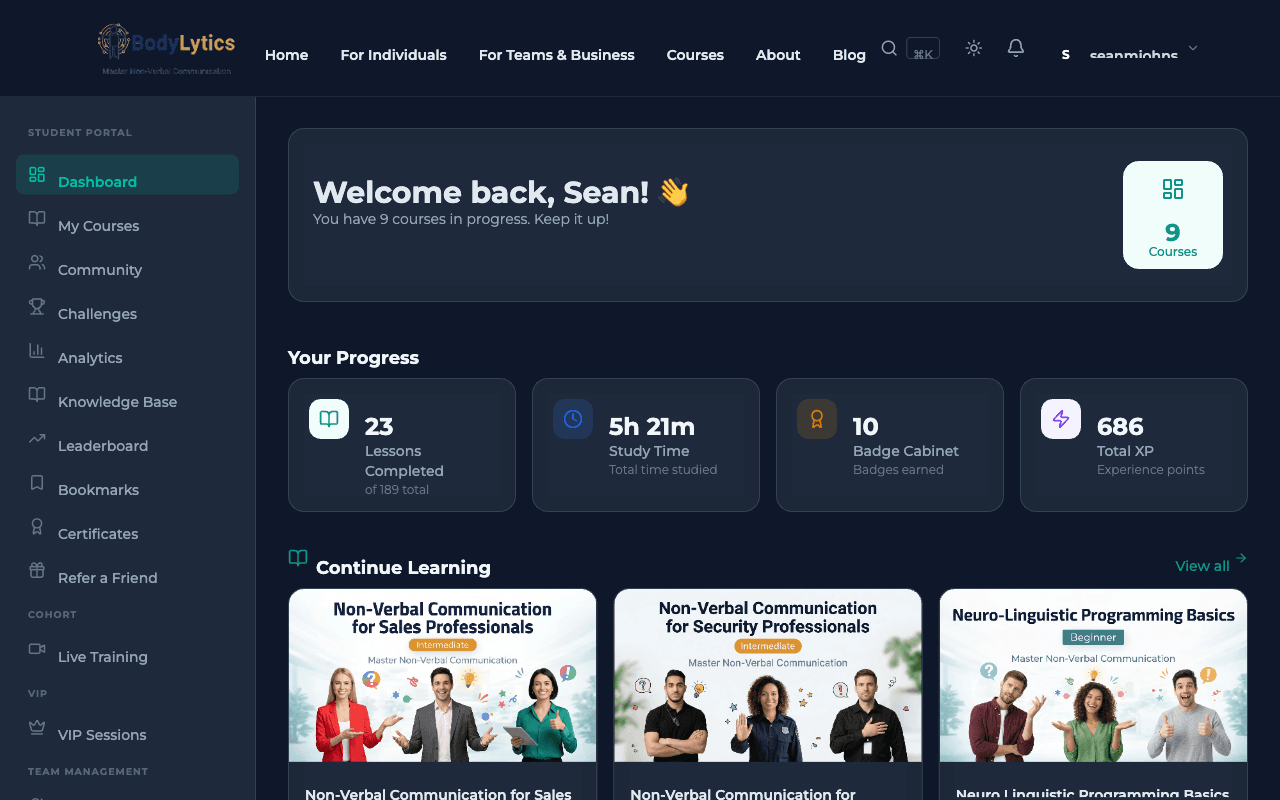 BodyLytics in Dark Mode — all lessons, activities, and dashboards fully support dark theme